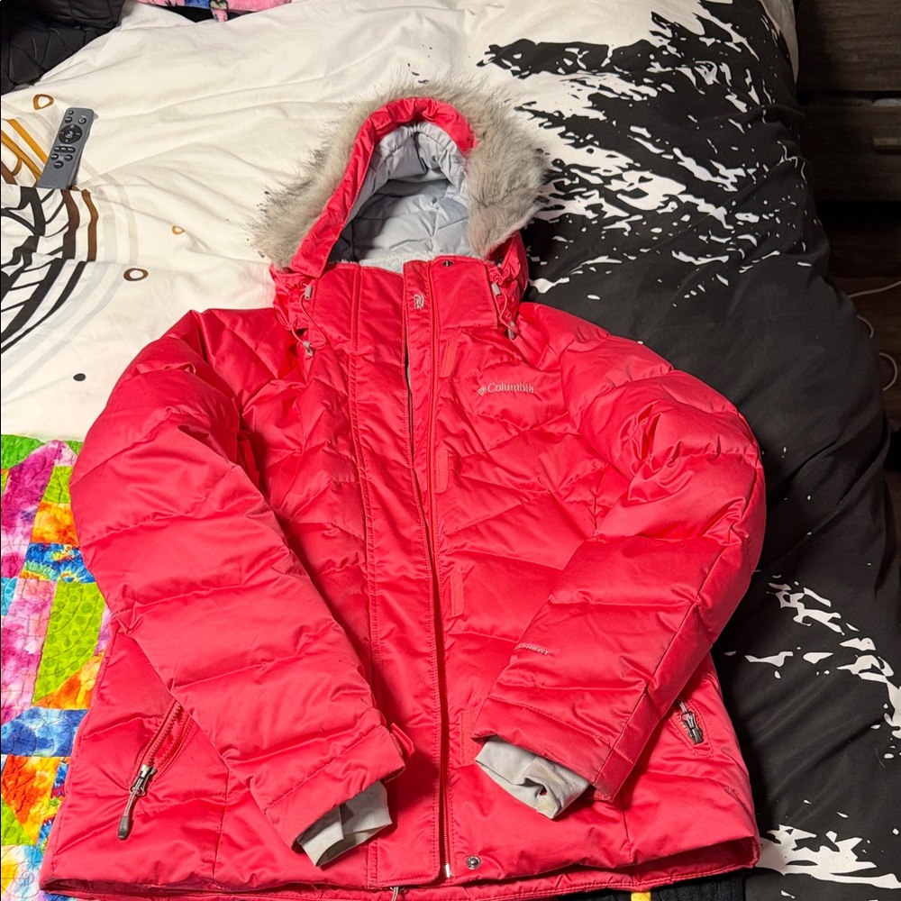 Columbia Bright Coral-Red Insulated Jacket with Faux Fur Hood